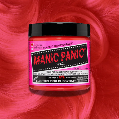 Manic Panic Electric Pink Pussycat Classic High Voltage semi-permanent hair dye jar in hot pink with matching color swatch
