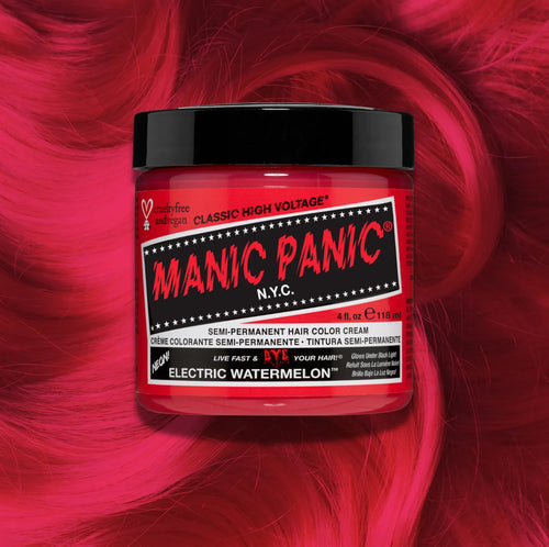 Manic Panic Electric Watermelon Classic High Voltage semi-permanent hair dye jar in neon red-pink with matching color swatch
