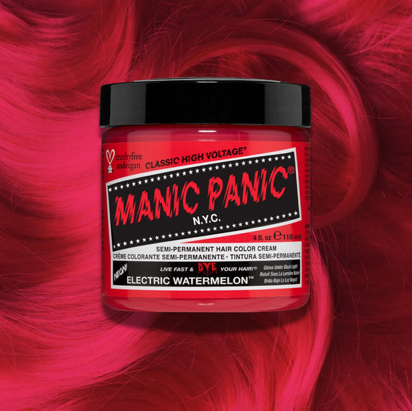 Manic Panic Classic High Voltage semi-permanent hair dye in shade Electric Watermelon a vibrant, vegan hair color. Image shows a jar of Electric Watermelon hair dye placed on top of a wavy pink red  hair swatch.
