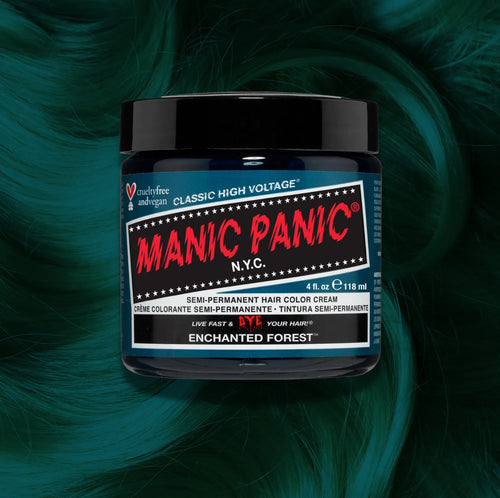 Manic Panic Enchanted Forest Classic High Voltage semi-permanent hair dye jar in emerald green with matching color swatch
