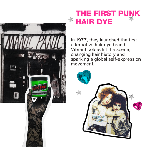 A vintage-inspired layout from "Manic Panic: Living in Color" showcasing the history of the first punk rock hair dye brand, created by Tish & Snooky in NYC’s underground scene.