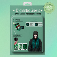 Retro product-card graphic showing T Enchanted Greens Dark Green Hair Color Routine featuring product bottles, shade selection diagrams, and a model wearing the resulting dark green hair.