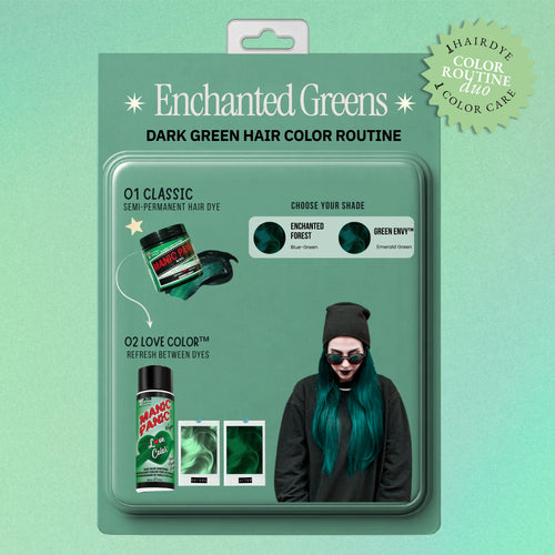 Retro product-card graphic showing T Enchanted Greens Dark Green Hair Color Routine featuring product bottles, shade selection diagrams, and a model wearing the resulting dark green hair.
