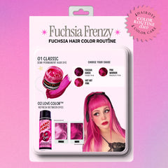 Retro product-card graphic showing coordinating fuchsia and berry-pink Manic Panic semi-permanent hair dyes paired with Fuchsia Fever™ Love Color conditioner, with a model