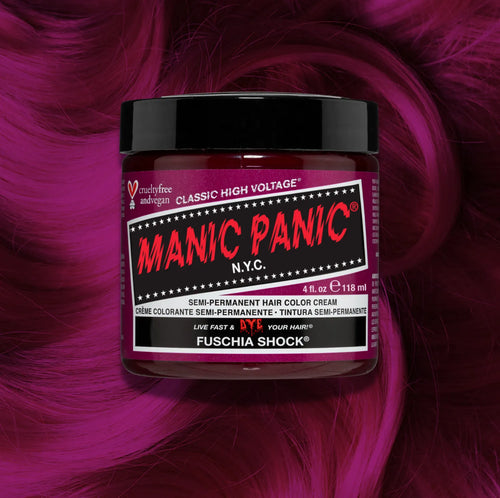 Manic Panic Fuschia Shock Classic High Voltage semi-permanent hair dye jar in bold magenta with matching color swatch