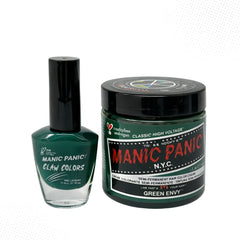 Manic Panic venus Envy  nail polish and Green Envy Classic High Voltage hair dye jar bundle on a white background