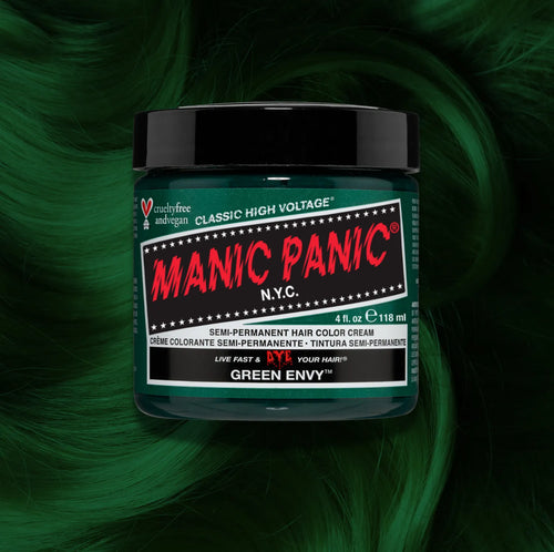 Manic Panic Green Envy Classic High Voltage semi-permanent hair dye jar in vibrant green with matching color swatch
