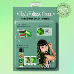Retro product-card graphic showing Fantasy High Voltage Green, showing neon green product callouts, shade examples, and a model photo on a mint-green gradient background.