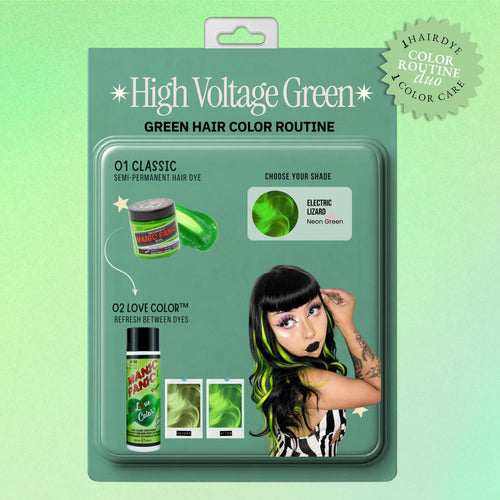 Retro product-card graphic showing Fantasy High Voltage Green, showing neon green product callouts, shade examples, and a model photo on a mint-green gradient background.