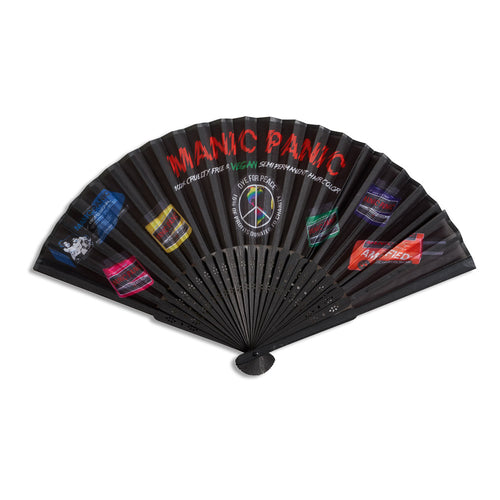 Black hand fan with colorful designs and 'Manic Panic' branding on a white background