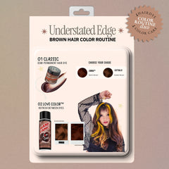 Retro product-card graphic showing Cattail™ semi-permanent hair dye paired with Havana Brown™ Love Color conditioner, with a model displaying warm brown hair.