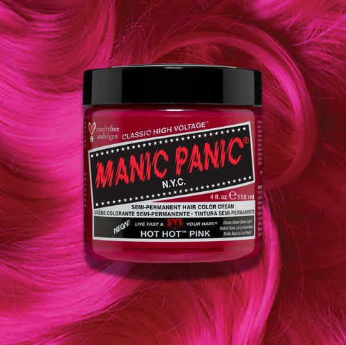 Manic Panic Hot Hot Pink Classic High Voltage semi-permanent hair dye jar in bright  pink with matching color swatch
