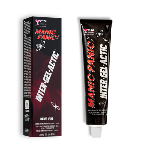 A tube and box of Manic Panic Inter-Gel-Actic Divine Wine hair color shown on a plain white background.