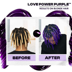 Before and after hair color result using Manic Panic Inter-GEL-actic Love Power Purple kit on a model, showing natural hair before and vibrant purple gel color after.