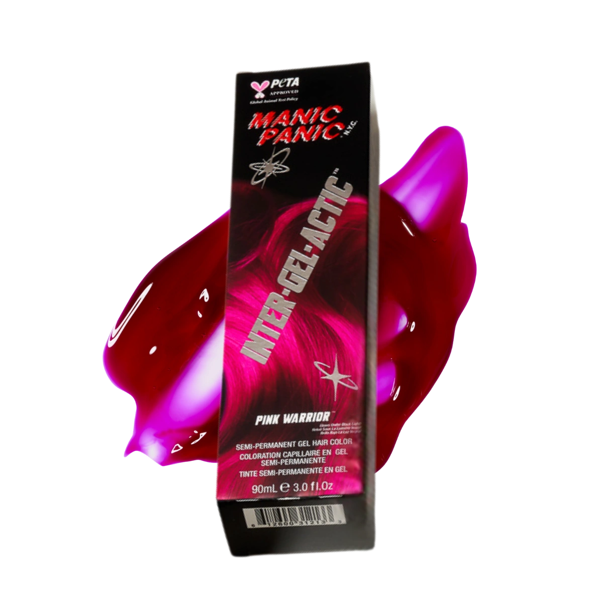 A 90ml bottle of Manic Panic Inter-Gel-Active hair dye in the shade Pink Warrior, shown with a vibrant magenta hair gel smear behind it on a solid white background.