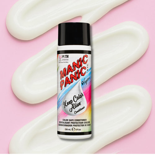 A can of Manic Panic Keep Color Alive Conditioner centered on a pink background with cream-colored cream swirls behind it.