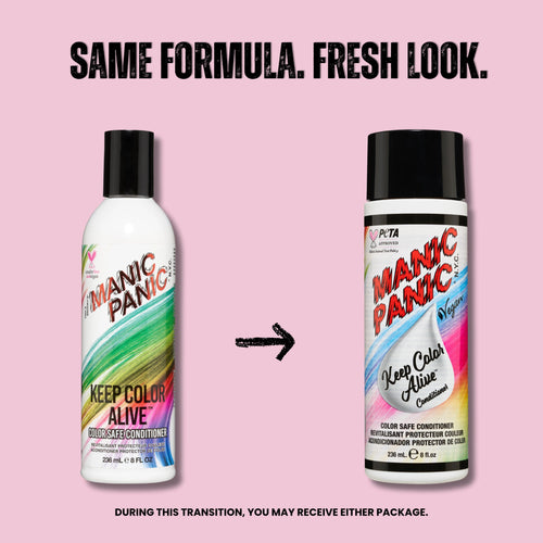 A pink promotional graphic showing two Manic Panic hair color products side by side with text reading 'SAME FORMULA. FRESH LOOK.