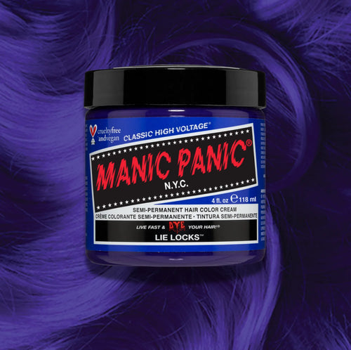 Manic Panic Lie Locks Classic High Voltage semi-permanent hair dye jar with matching color swatch
