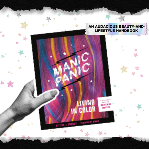 Cover page of "Manic Panic: Living in Color" book, featuring a bold, punk-inspired design with vibrant colors and the founders’ story.