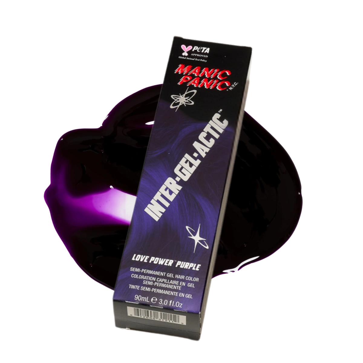 A box of PTA Manic Panic Inter-Gel-Actic semi-permanent gel nail color in the shade 'Love Power Purple', shown standing upright on a glossy pool of the deep purple gel against a white background.