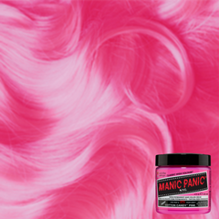 Close-up of a wavy, vibrant blue hair swatch showcasing Manic Panic Cotton Candy Pink semi-permanent pink hair dye jar in bottom right corner 