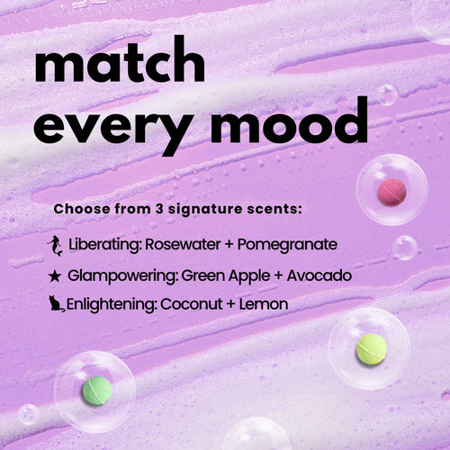 Product packaging with scented balls and text on a purple background