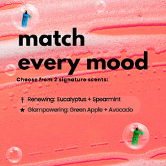 Product advertisement with 'match every mood' text on a pink and orange abstract background.