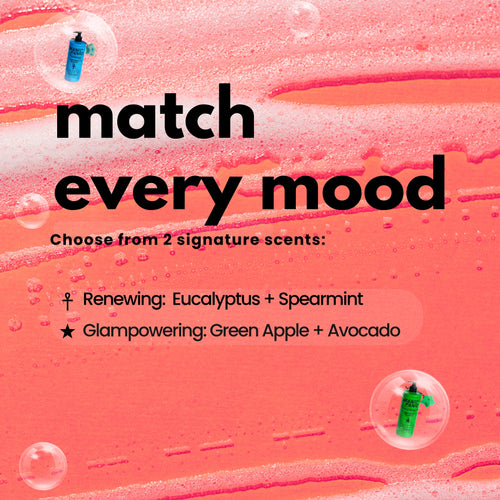 Product advertisement with 'match every mood' text on a pink and orange abstract background.