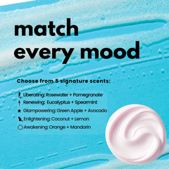 Manic Panic whipped body butter scent options showing five fragrances including rosewater pomegranate, eucalyptus spearmint, green apple avocado, coconut lemon, and orange mandarin