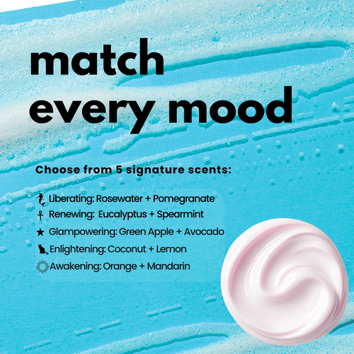 Manic Panic whipped body butter scent options showing five fragrances including rosewater pomegranate, eucalyptus spearmint, green apple avocado, coconut lemon, and orange mandarin