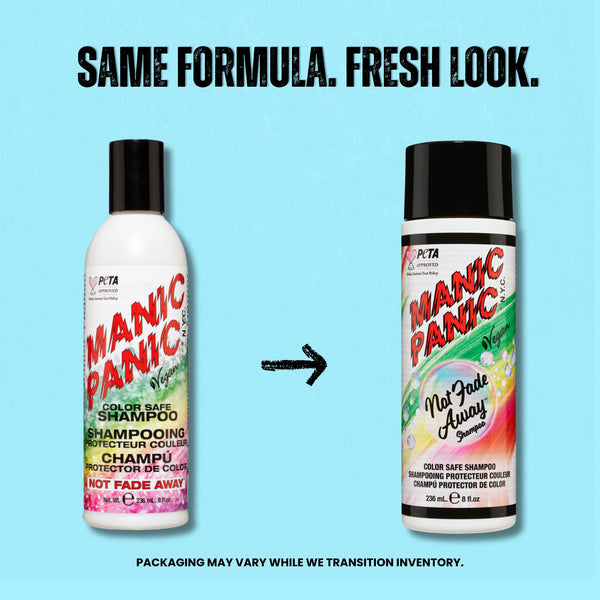 A promotional graphic on a light blue background showing Manic Panic color-safe shampoo containers side by side with a black arrow between them. The left container has a white bottle with red lettering and pink floral graphics, and the right container has a white aerosol can with red lettering and multicolor graphics.