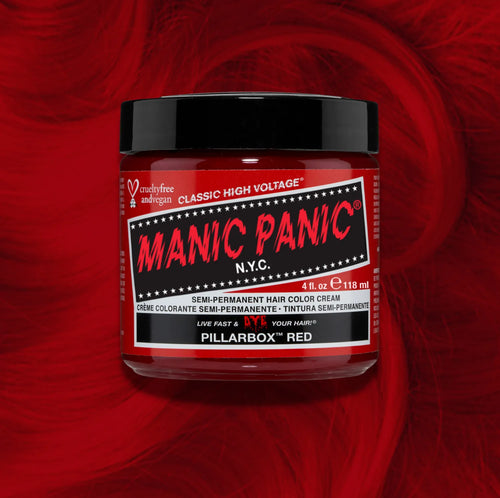 Manic Panic Pillarbox Red Classic High Voltage semi-permanent hair dye jar in classic bright red with matching color swatch
