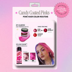 Retro product-card graphic showing coordinating bright pink Manic Panic semi-permanent hair dyes paired with Pink Passion™ Love Color conditioner, with a model displaying vivid pink hair.