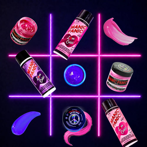 bottles of love color color conditoner laid out in a neon tik tak toe grid with jars of classic high voltage hair dye in pink and purple