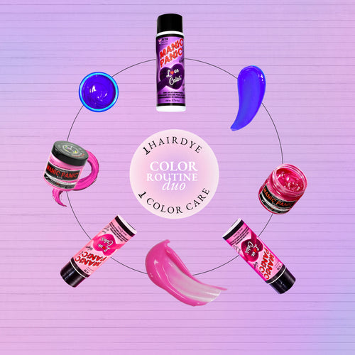 Pink, fuchsia and purple Manic Panic semi-permanent hair dye jars with Love Color color-depositing conditioners arranged in a circle