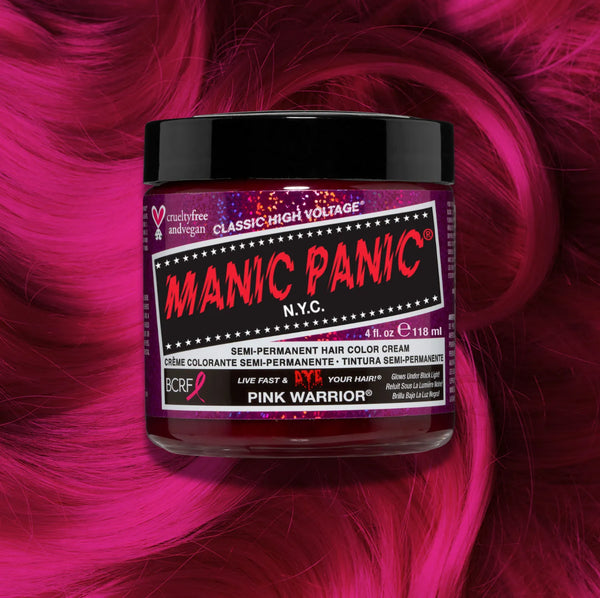 Manic Panic Classic High Voltage semi-permanent hair dye in shade Pink Warrior a vibrant, vegan hair color. Image shows a jar of Pink Warrior hair dye placed on top of a wavy magenta hair swatch.
