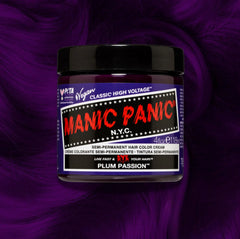 Manic Panic Plum Passion Classic High Voltage semi-permanent hair dye jar in plum purple with matching color swatch
