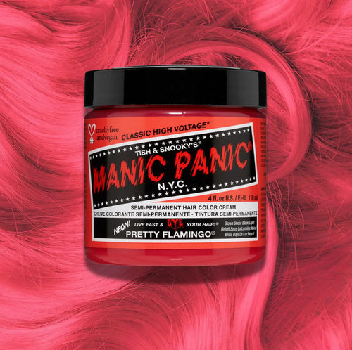 Manic Panic Pretty Flamingo Classic High Voltage semi-permanent hair dye jar in coral pink with matching color swatch
