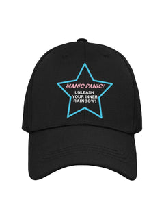 Black Manic Panic Pride hat featuring a blue embroidered star with the text “Unleash Your Inner Rainbow.”
