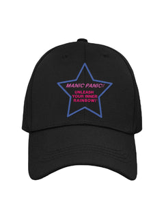 Black Manic Panic Pride hat featuring an indigo embroidered star with the text “Unleash Your Inner Rainbow.”
