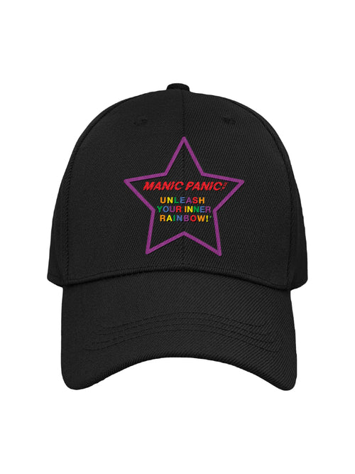 Black Manic Panic Pride hat featuring a purple embroidered star with the text “Unleash Your Inner Rainbow.”
