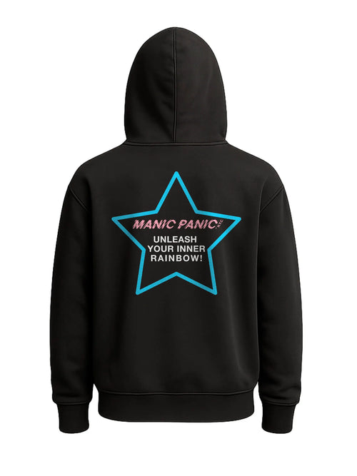Black Manic Panic Pride zip-up hoodie featuring a blue star with the text “Unleash Your Inner Rainbow.”