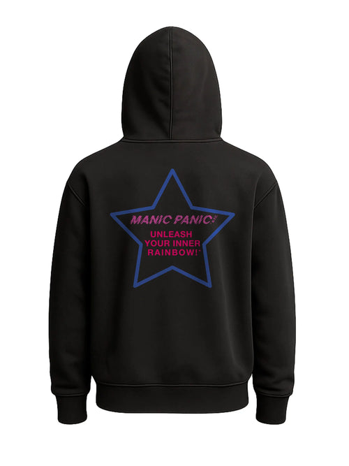 Black Manic Panic Pride zip-up hoodie featuring an indigo star with the text “Unleash Your Inner Rainbow.”
