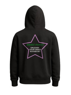 Black Manic Panic Pride zip-up hoodie featuring a pink star with the text “Unleash Your Inner Rainbow.”
