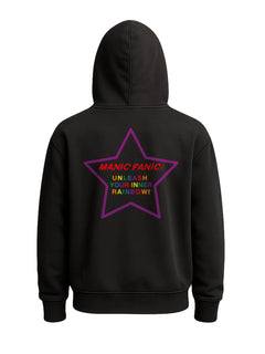 Black Manic Panic Pride zip-up hoodie featuring a purple star with the text “Unleash Your Inner Rainbow.”