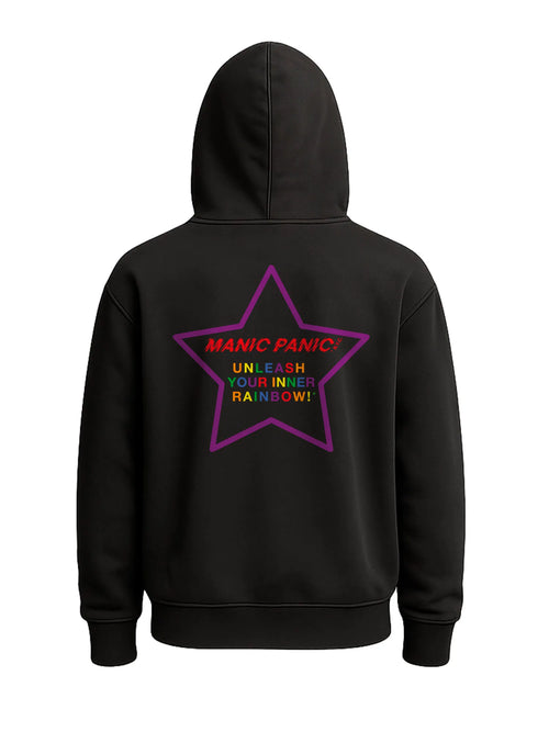 Black Manic Panic Pride zip-up hoodie featuring a purple star with the text “Unleash Your Inner Rainbow.”