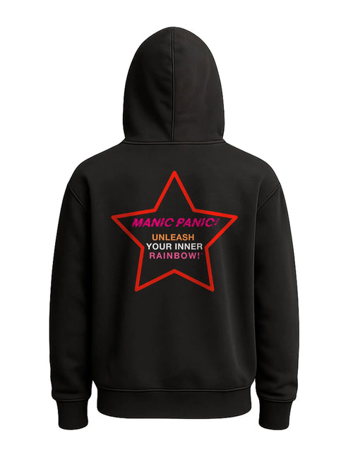 Black Manic Panic Pride zip-up hoodie featuring a red star with the text “Unleash Your Inner Rainbow.”
