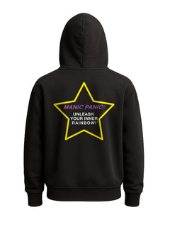 Black Manic Panic Pride zip-up hoodie featuring a yellow star with the text “Unleash Your Inner Rainbow.”