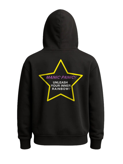 Black Manic Panic Pride zip-up hoodie featuring a yellow star with the text “Unleash Your Inner Rainbow.”