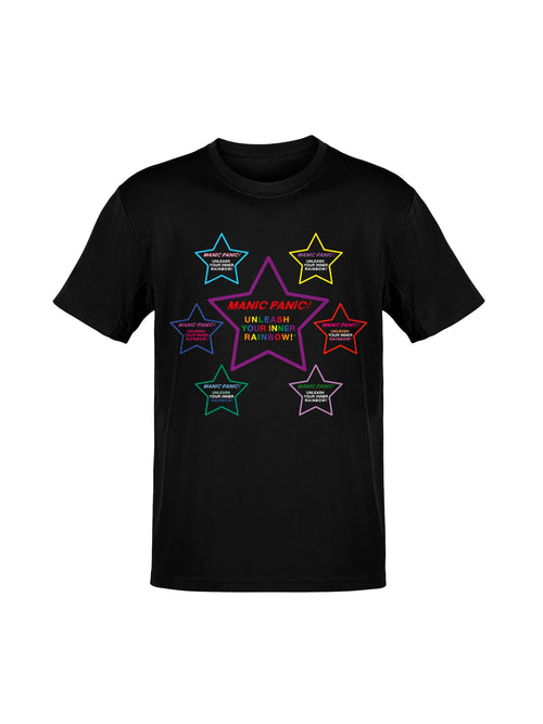 Black Manic Panic Pride T-shirt featuring seven colorful stars in a full rainbow design with the text “Unleash Your Inner Rainbow.
